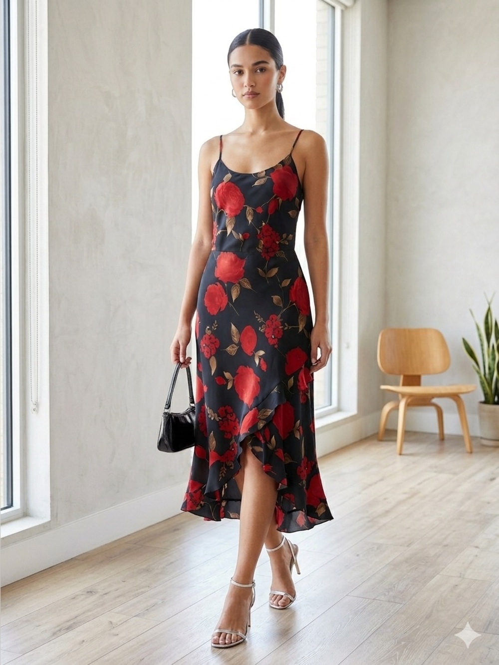 Vintage 90s Black / Red Floral Ruffle Midi Slip Dress - Medium